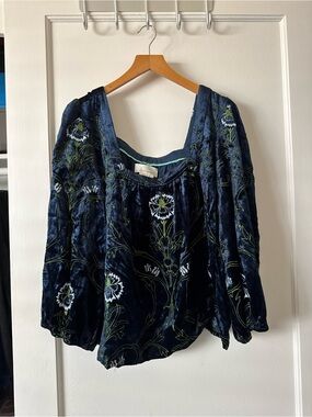 Anthropologie Navy Blue Velvet Embroidered Peasant Blouse
